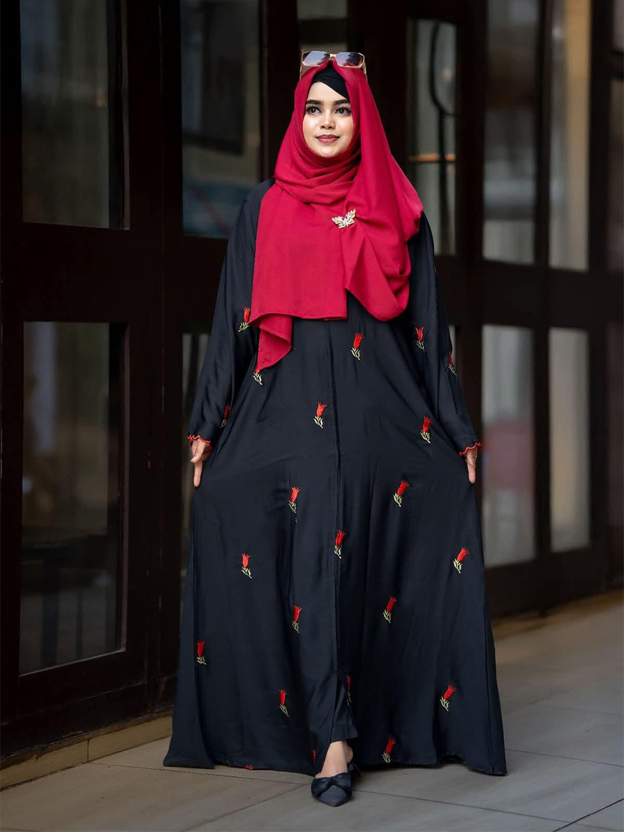 Rose Embroidary Abaya ( Black )