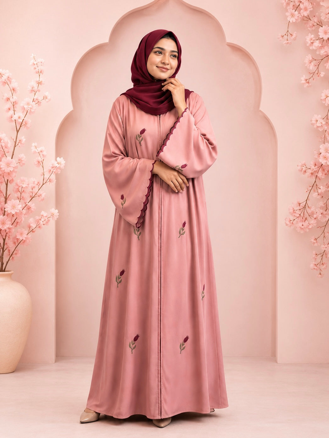 Rose Embroidary Abaya ( Pink )