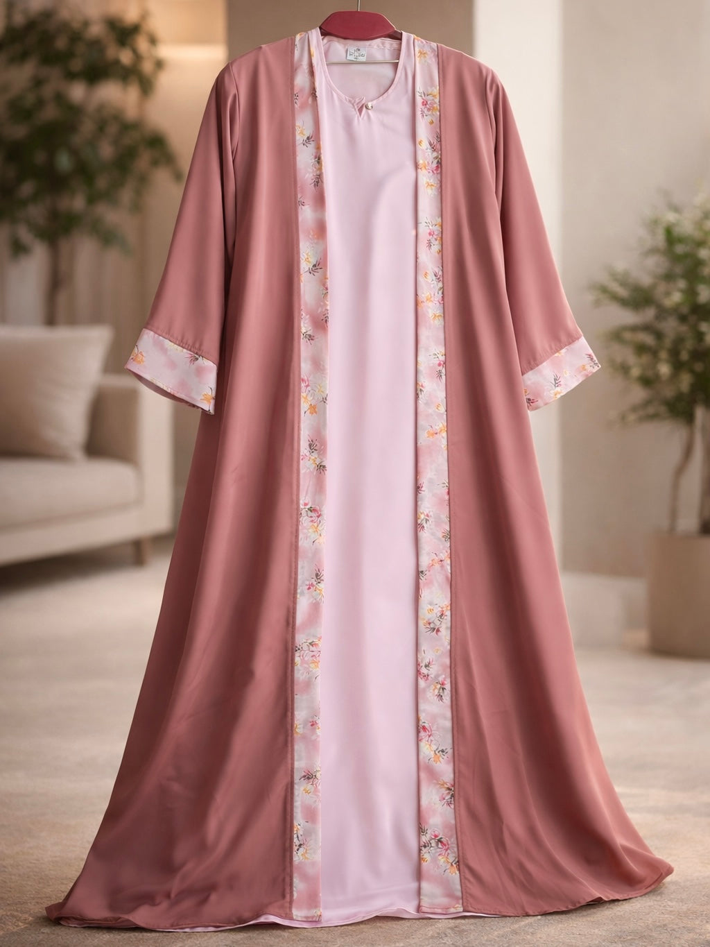 Contrast Print Abaya ( Dusty Rose )
