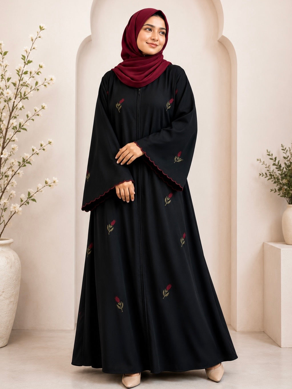 Rose Embroidary Abaya ( Black )