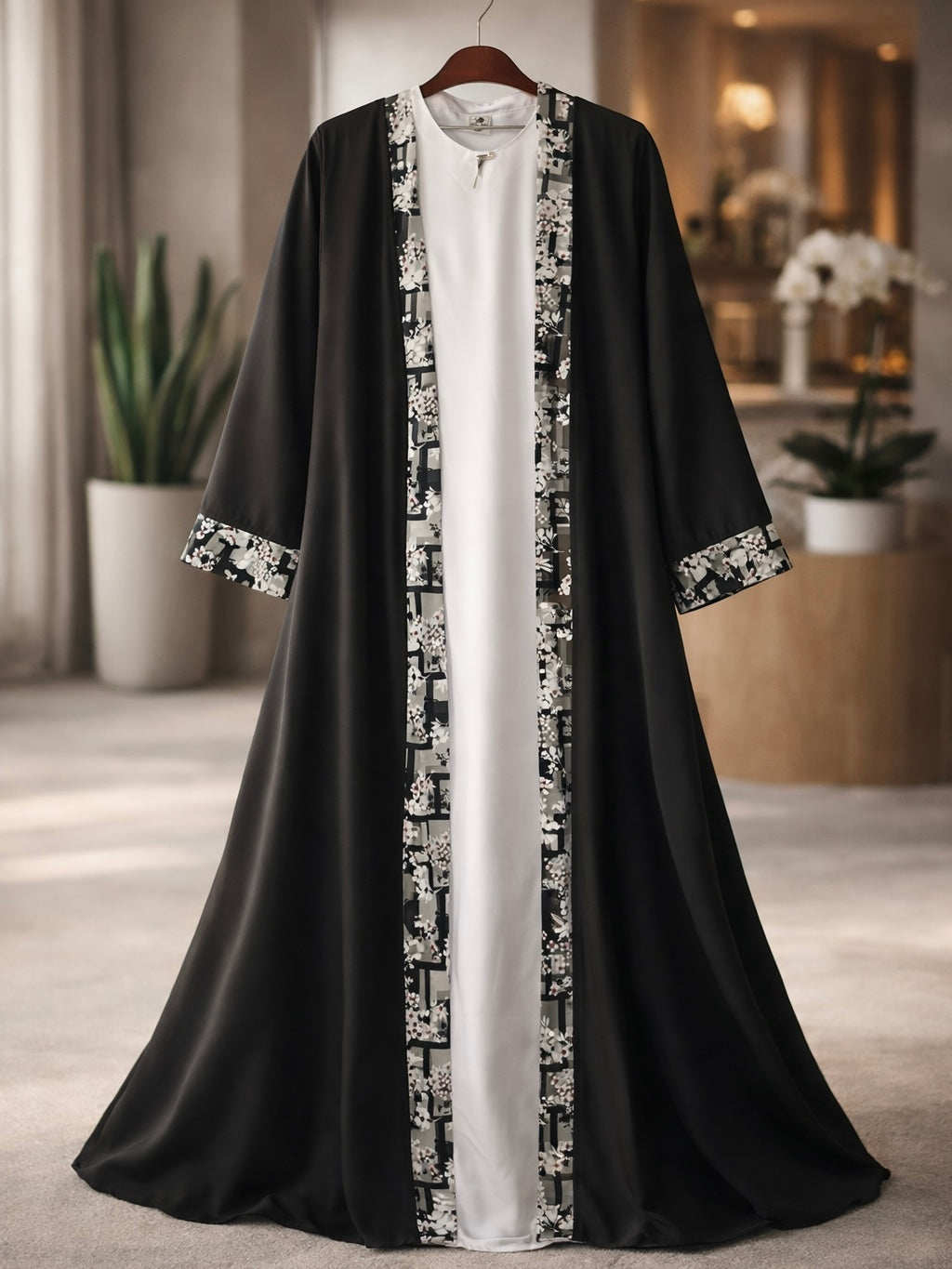 Contrast Print Abaya (Black)