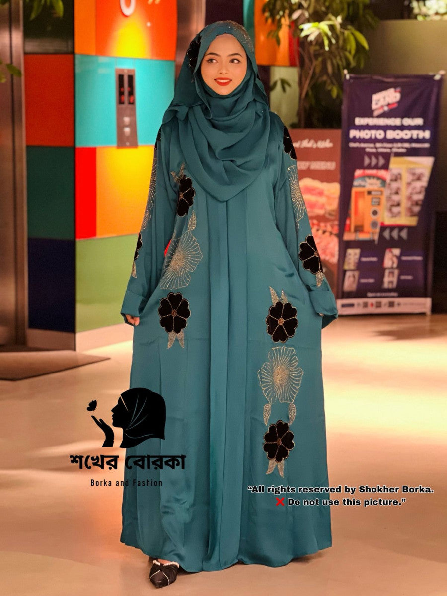 Flower Velvet Abaya ( Sea Green )