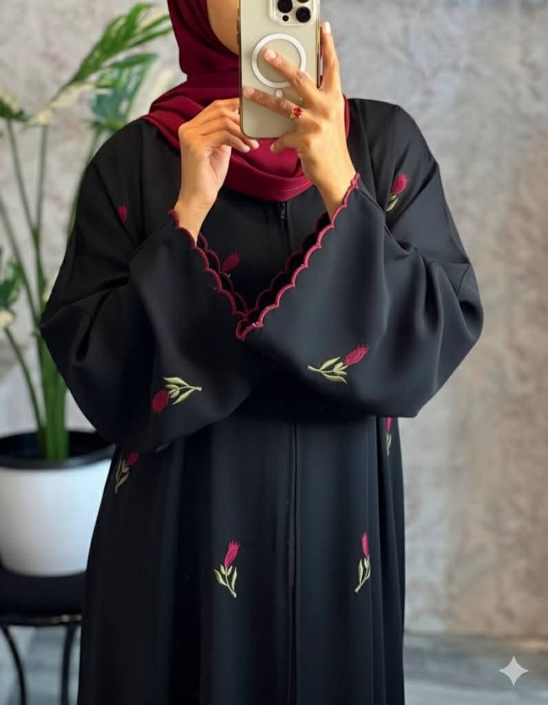 Rose Embroidary Abaya ( Black )