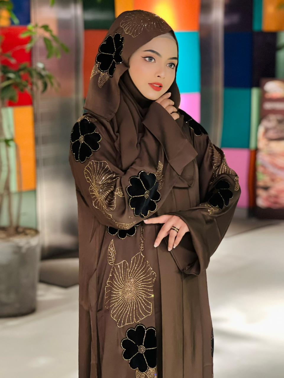 Flower Velvet Abaya ( Coffee )