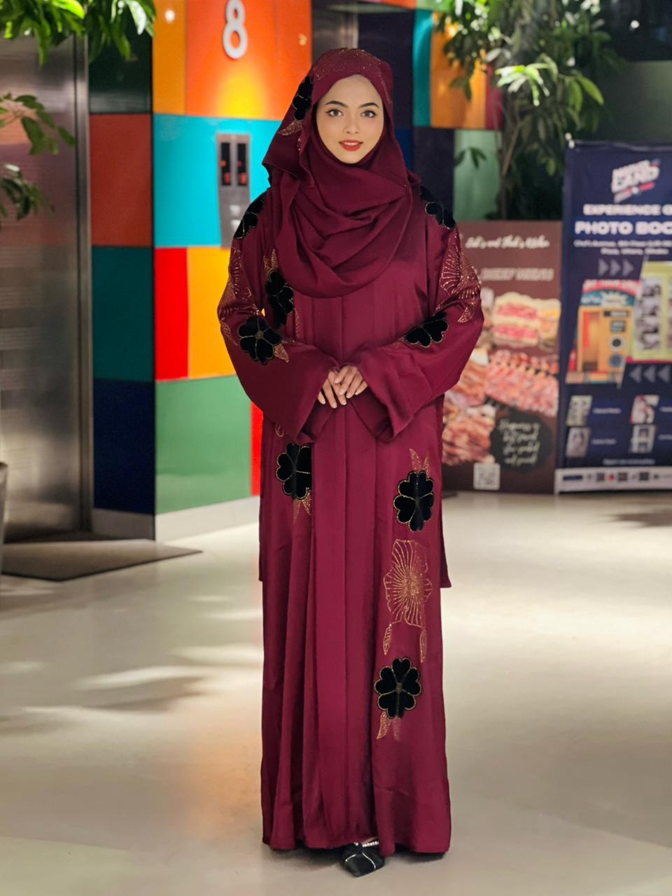 Flower Velvet Abaya ( Maroon )