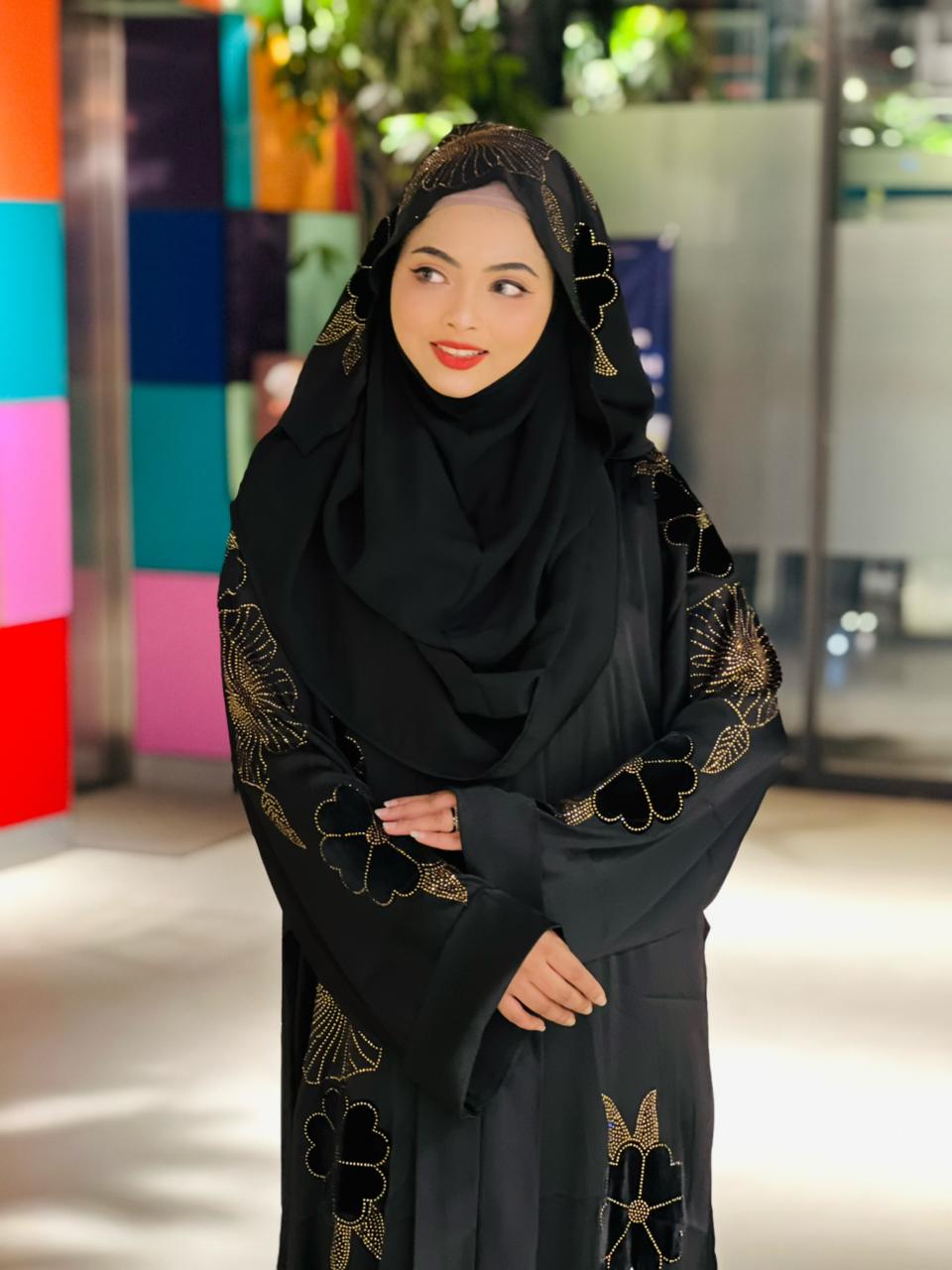 Flower Velvet Abaya ( Black )