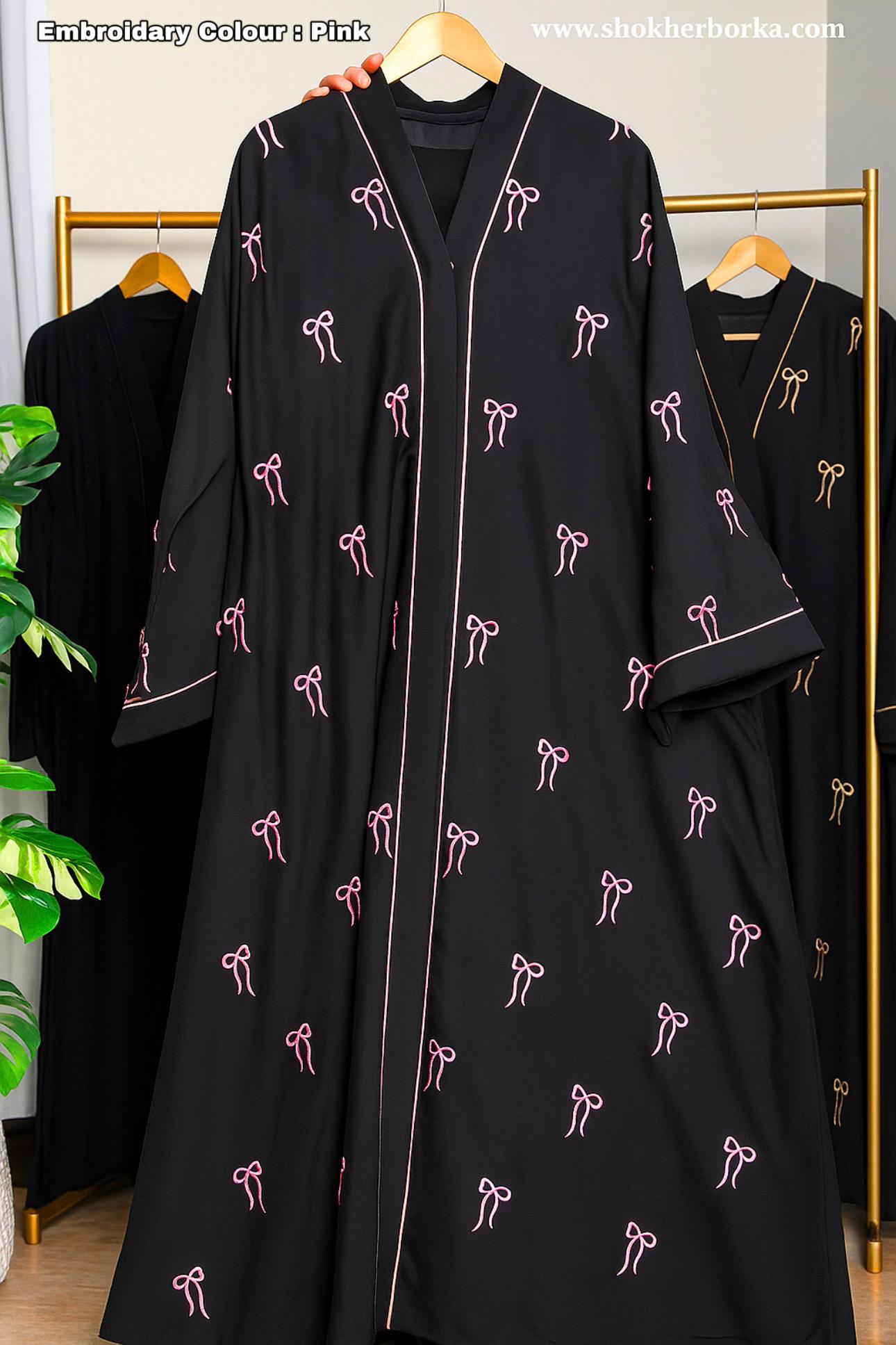 Bow Embroidery Abaya ( Pink )